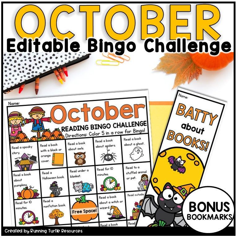 Promotional image of October Reading Bingo Challenge and a bookmark that says "Batty about Books".