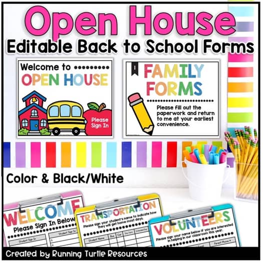 Promotional Image showcasing back to school forms such as open house welcome sign, family forms, transportation form and volunteer form in colorful fonts