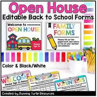 Promotional Image showcasing back to school forms such as open house welcome sign, family forms, transportation form and volunteer form in colorful fonts