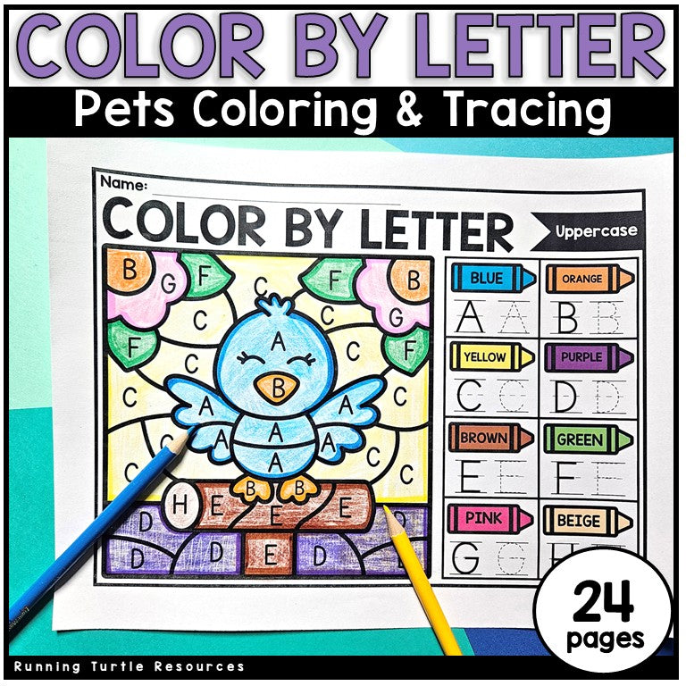 Color by Letter page with a pet bird coded with capital letters