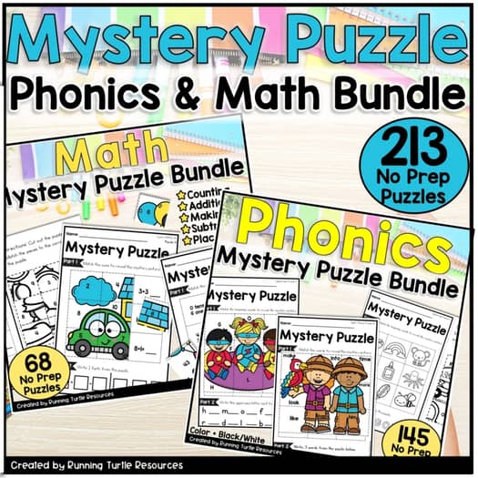 Promotional image for a mystery puzzle phonics and math bundle, featuring various puzzle sets with colorful illustrations and cartoon images.