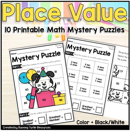 Promotional image featuring two place value mystery picture puzzles with cartoon dogs and presents, indicating the educational theme and suitable for kindergarten and 1st grade math centers.