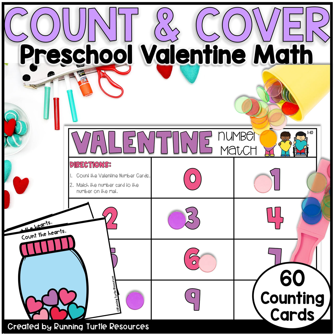 Valentine-themed preschool math activity with number matching and counting cards.