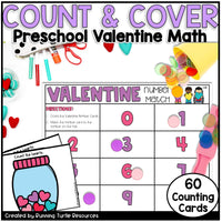 Valentine-themed preschool math activity with number matching and counting cards.