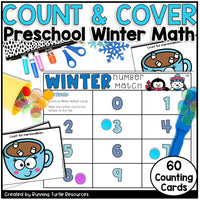 Preschool winter math activity with number matching game and educational materials.