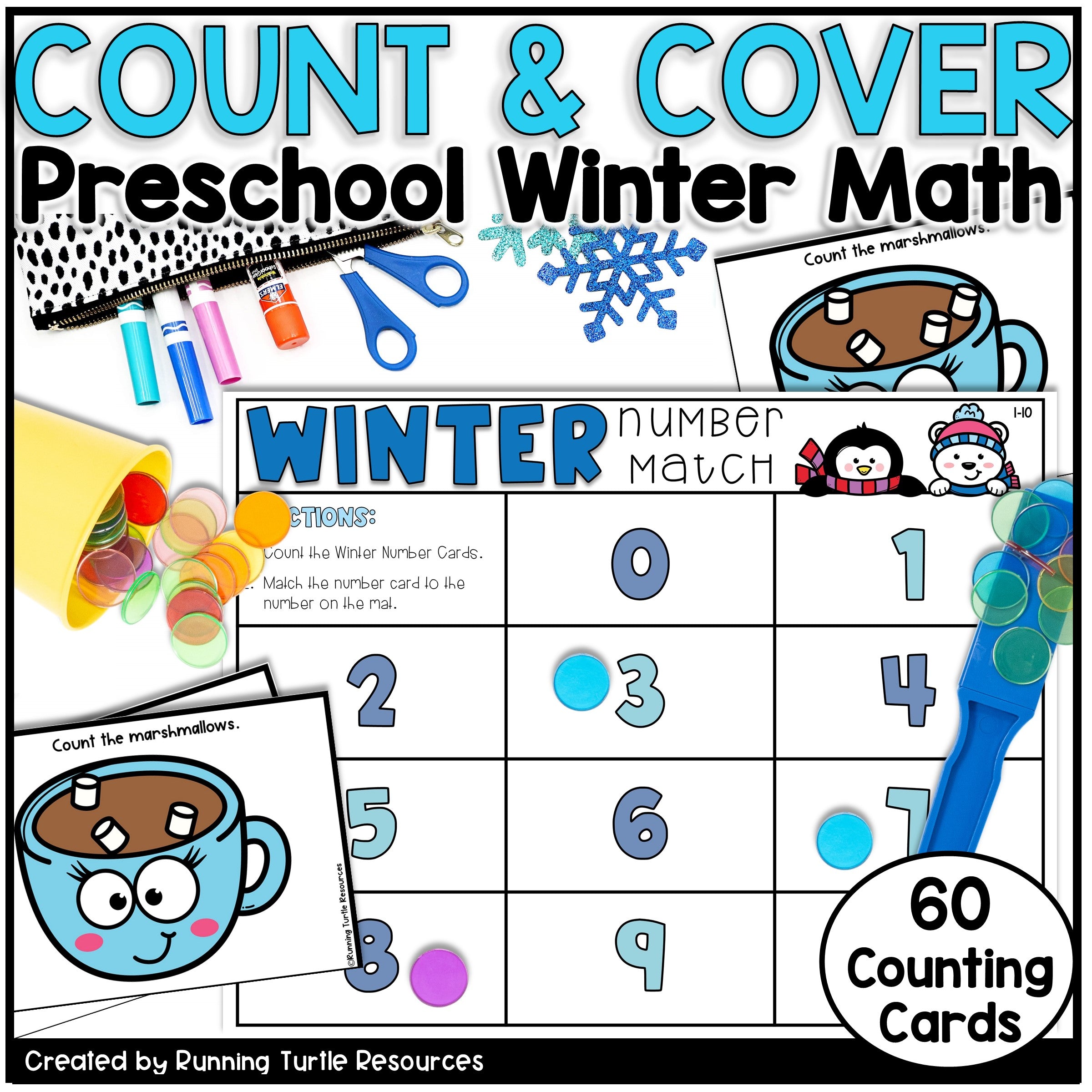 Preschool winter math activity with number matching game and educational materials.