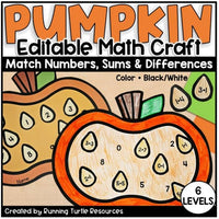 A colorful fall-themed pumpkin math craft image, featuring a pumpkin with sections labeled for matching numbers, sums, and differences, with six levels of difficulty indicated.