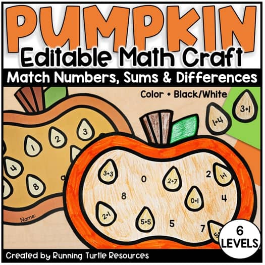 A colorful fall-themed pumpkin math craft image, featuring a pumpkin with sections labeled for matching numbers, sums, and differences, with six levels of difficulty indicated.