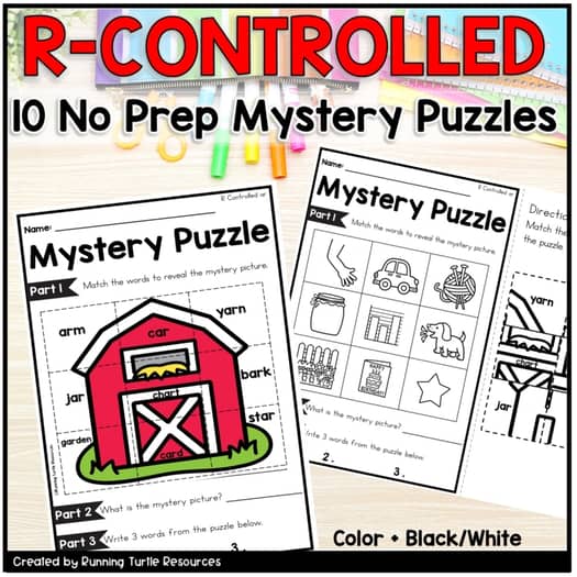 Promotional image for R-Controlled Vowel Mystery Puzzles featuring a red and white farmhouse with various farm animal puzzle pieces and words, along with the text '10 No Prep Mystery Puzzles' and 'Color/Black-White' option.