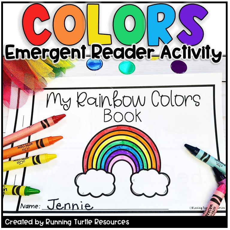 Colorful book cover titled 'My Rainbow Colors Book' with crayons and rainbow design.