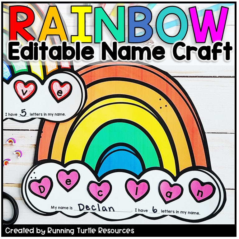 Rainbow-themed name craft with colorful letters on a white background