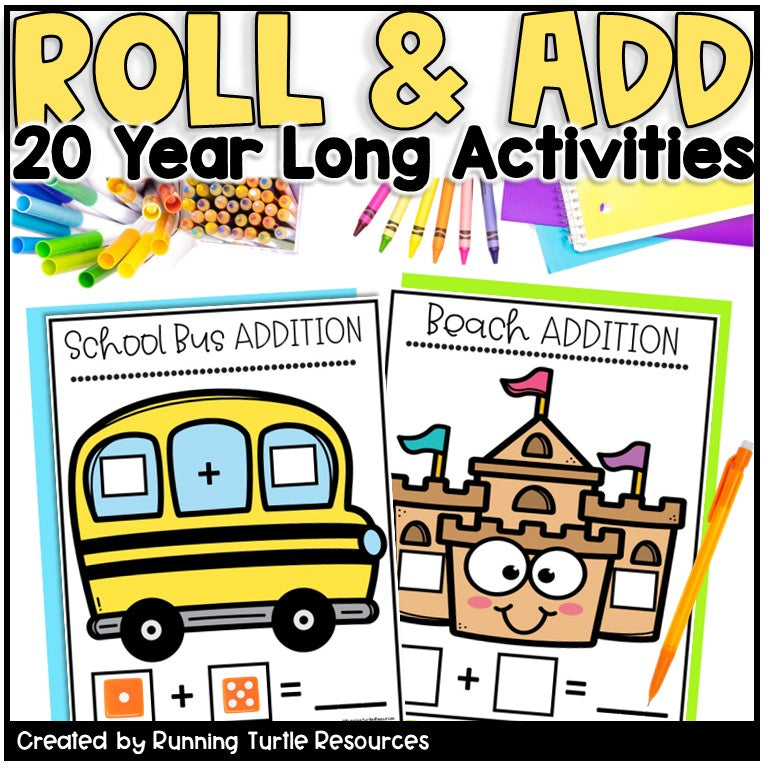 Educational materials for 'Roll & Add' activities with school bus and beach castle designs.