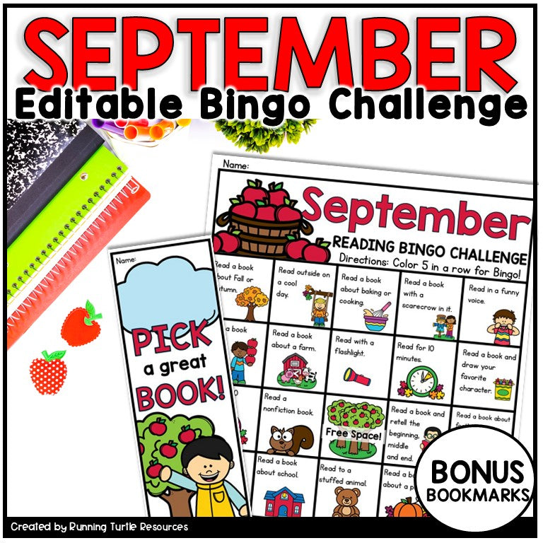 September Bingo Board and bookmarks for back to school and fall reading motivation for kindergarten and 1st grade students.