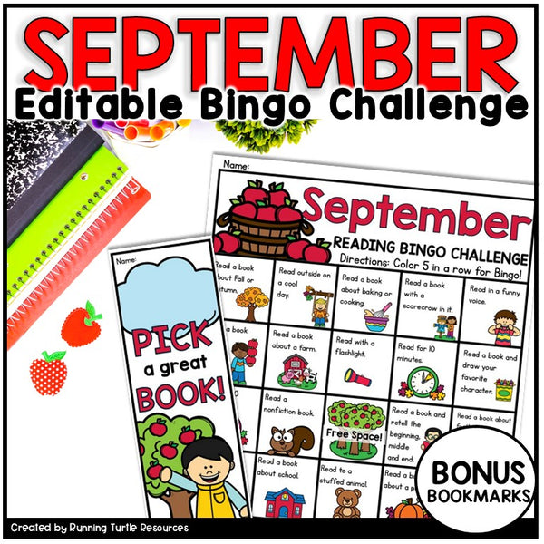 September Bingo Board and bookmarks for back to school and fall reading motivation for kindergarten and 1st grade students.