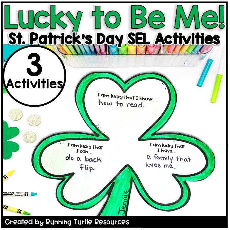 St. Patrick's Day SEL activities with shamrock design and text on a colorful background.