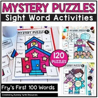 Promotional image for 'Mystery Puzzles' featuring various colorful puzzle sheets with sight words and illustrations of children solving puzzles. Text indicates that there are 120 puzzles and includes Fry's First 100 Words.