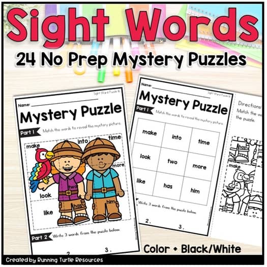 Promotional image for a Sight Words Mystery Picture Puzzle set, featuring two completed puzzle illustrations with color and black/white options, and text describing the product's use and features.