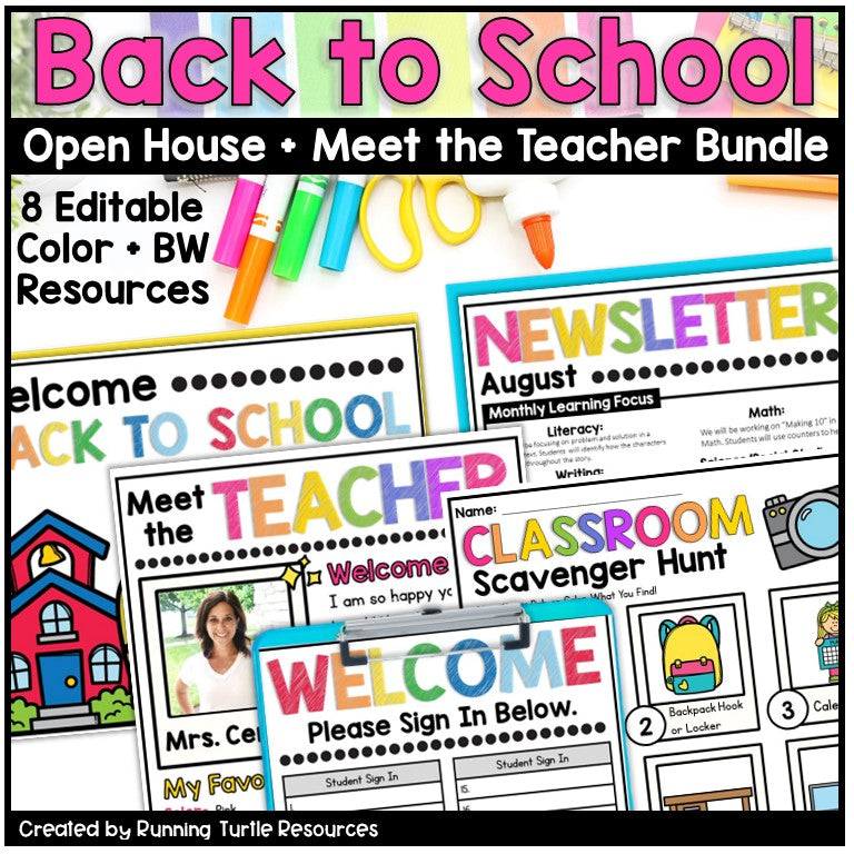 Back to School Open House Meet the Teacher Printables including newsletters, Open House Signs, Classroom Scavenger Hunt and More!