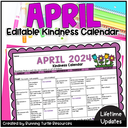 April 2024 Kindness Calendar Editable Random Acts of Kindness