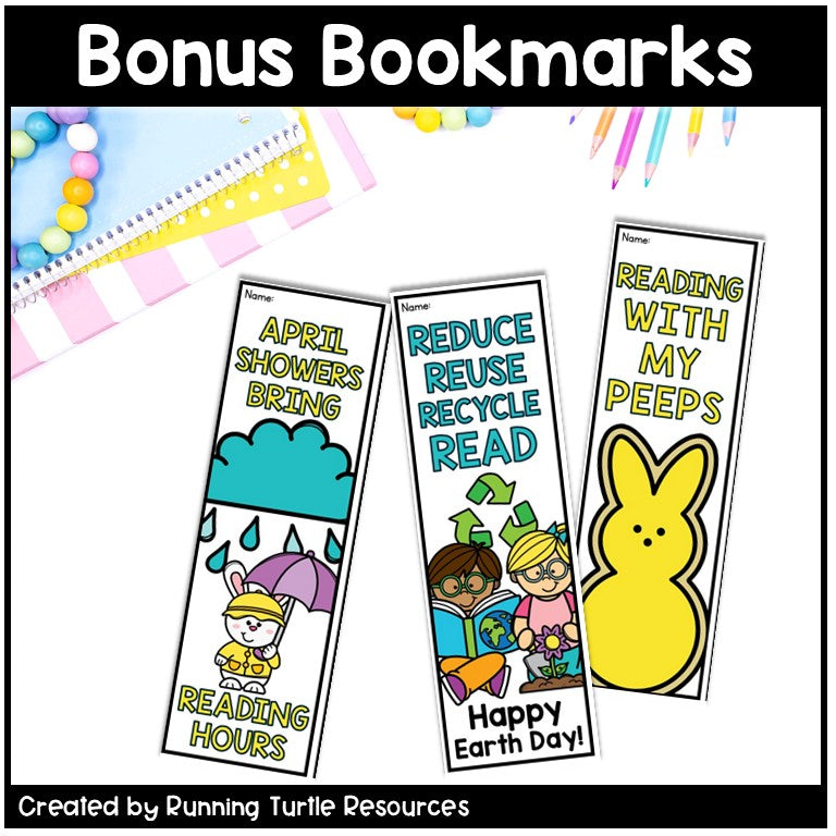 April Reading Log and Spring Bookmarks, Spring Break Reading Challenge Bingo Board