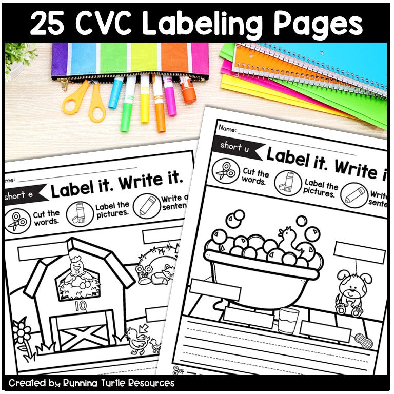 CVC Labeling Pictures, Label it! Write it!, Read and Match CVC Worksheets