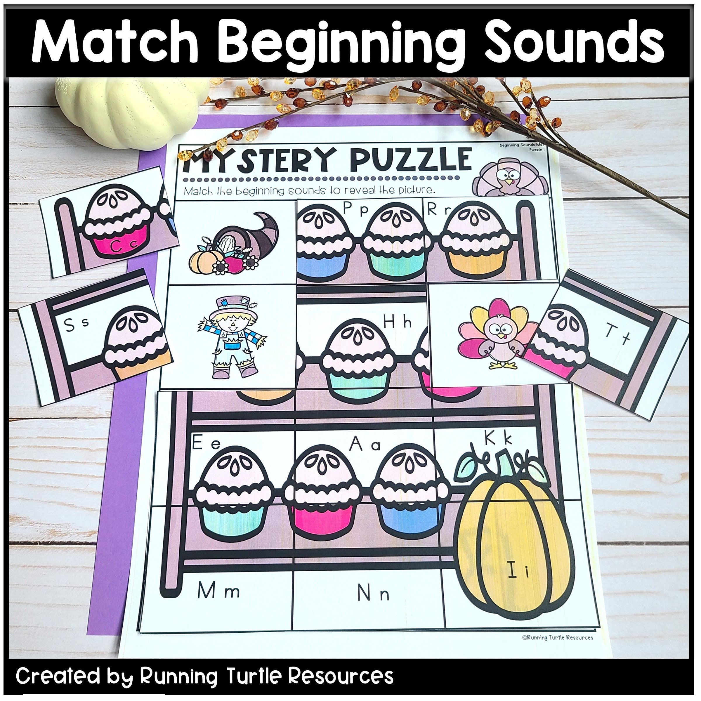 Thanksgiving Alphabet Mystery Puzzles l Letter and Beginning Sounds Match