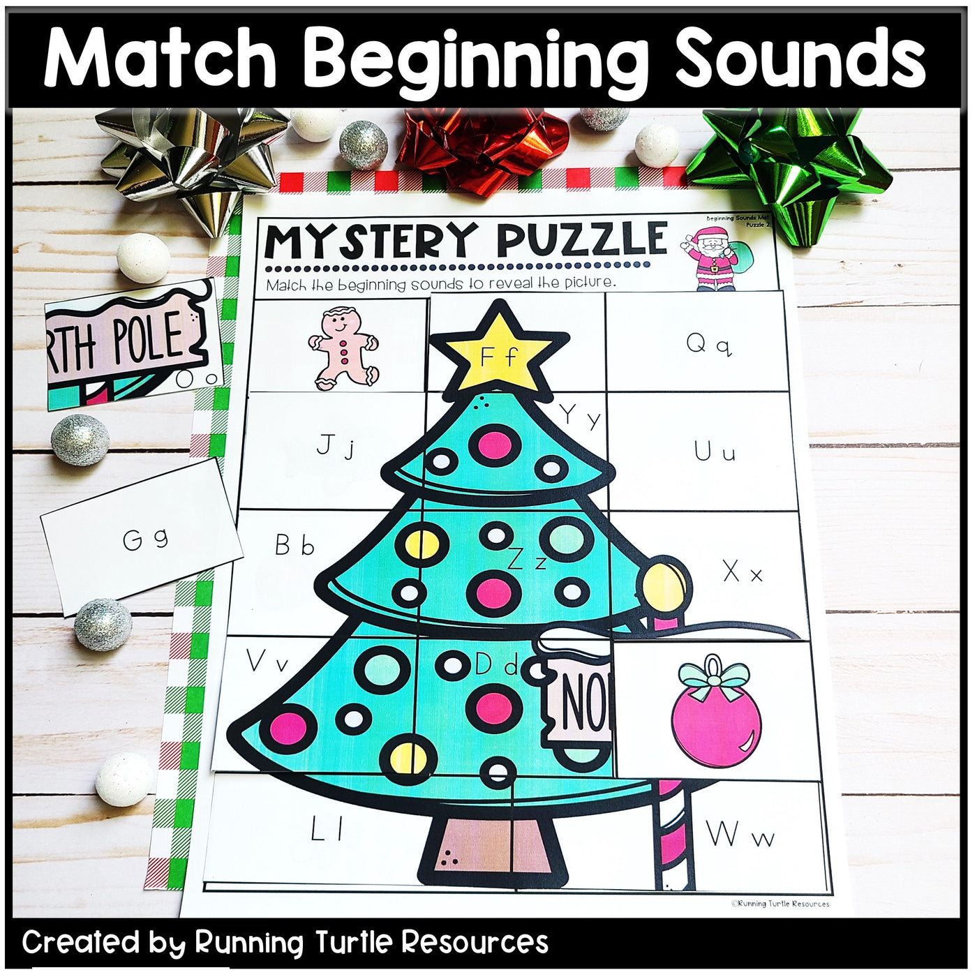 Christmas Alphabet Mystery Puzzles l Letter and Beginning Sounds Match