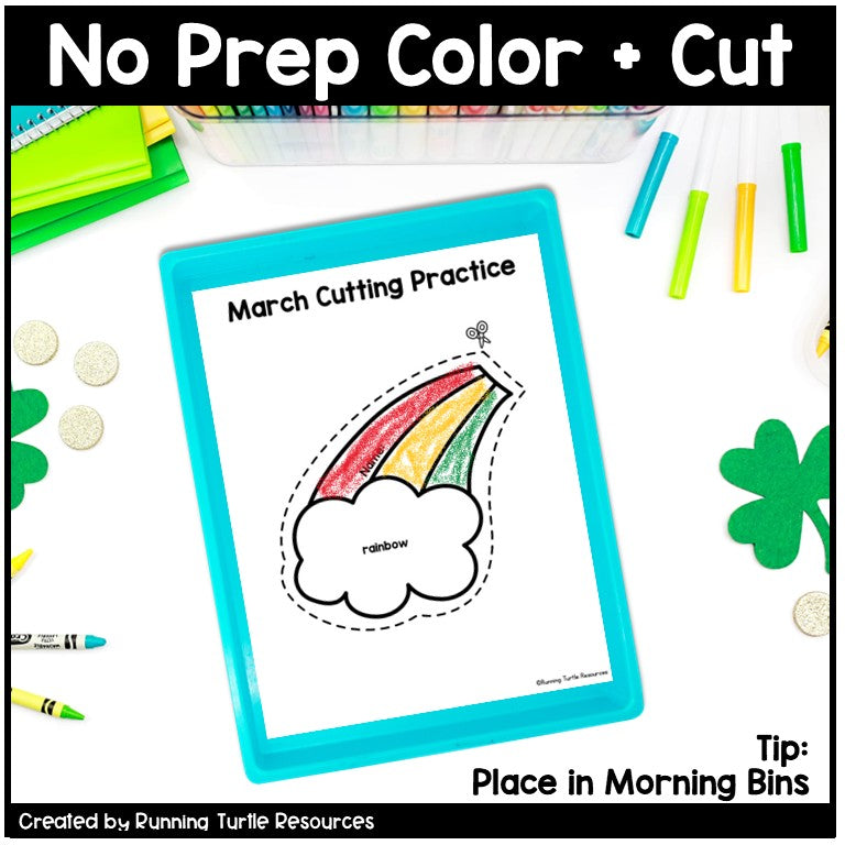 March Cutting Practice, Shamrock Cut Out, Rainbow Outline, St. Patricks Prek