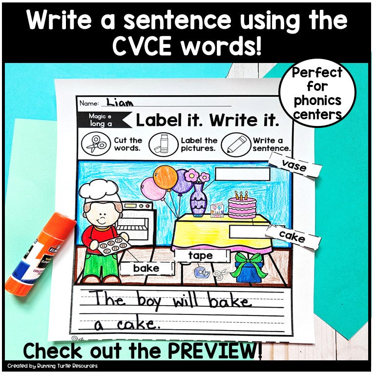 Magic e Labeling Worksheets, CVCE Cut and Paste Practice