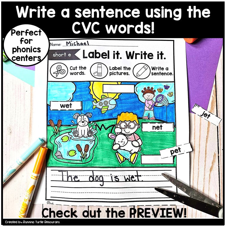 CVC Labeling Pictures, Label it! Write it!, Read and Match CVC Worksheets