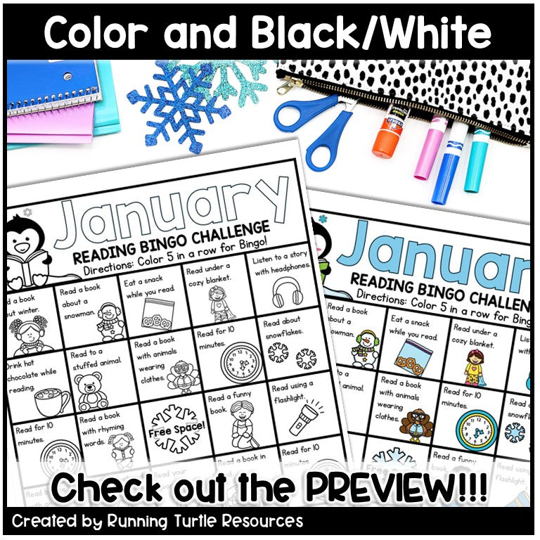 January Reading Log and Bookmark, Winter Bingo Reading Challenge