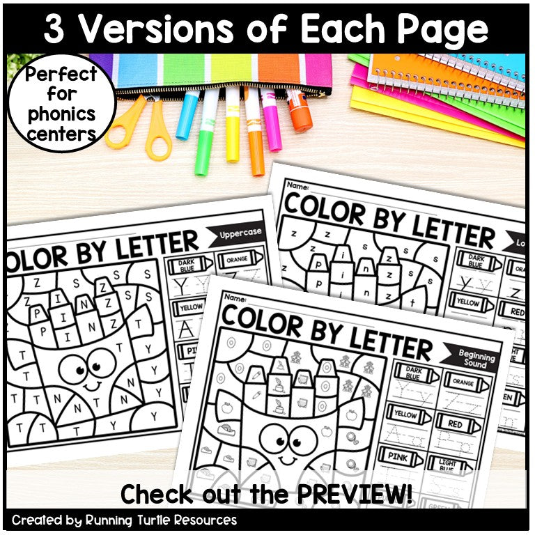 Back to School Color by Letter and Beginning Sound Pages