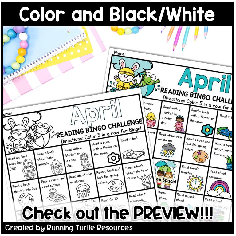 April Reading Log and Spring Bookmarks, Spring Break Reading Challenge Bingo Board