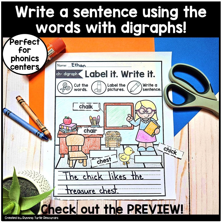 Digraph Worksheets for Kindergarten and First Grade, Label it Write it!