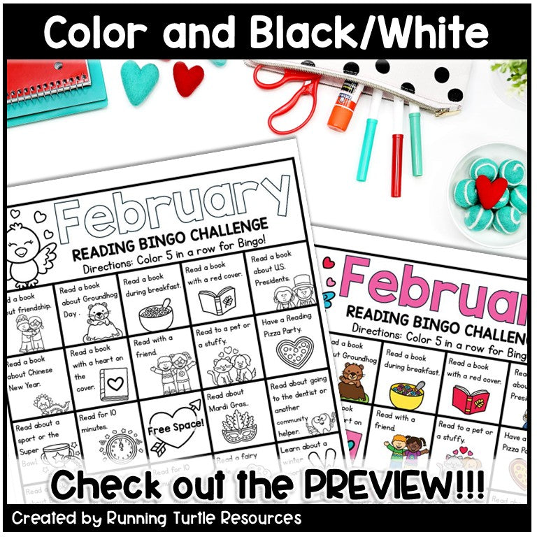 February Reading Bingo Challenge, February Reading Log and Bookmarks