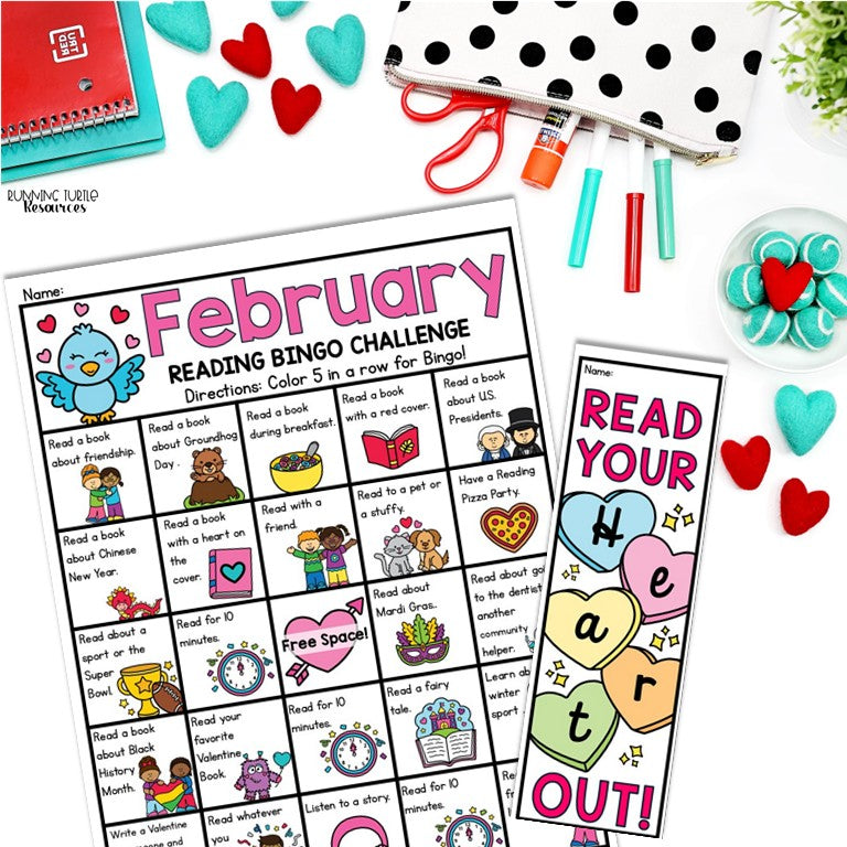 February Reading Bingo Challenge, February Reading Log and Bookmarks