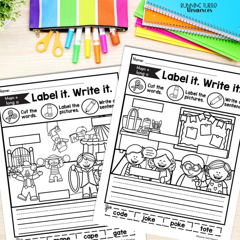 Magic e Labeling Worksheets, CVCE Cut and Paste Practice
