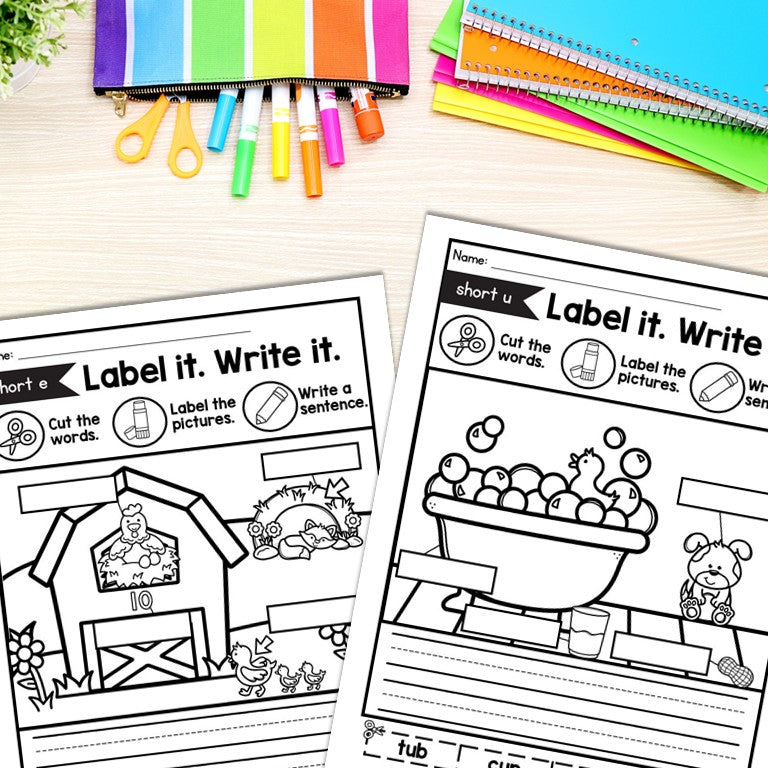 CVC Labeling Pictures, Label it! Write it!, Read and Match CVC Worksheets