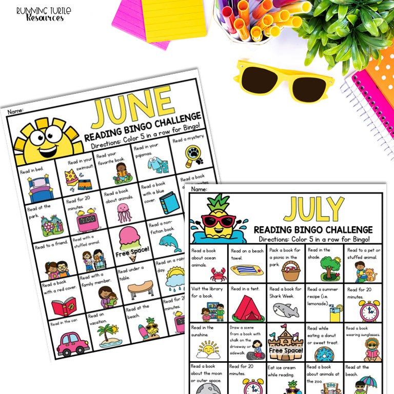 Summer Reading Bingo, June and July Reading Challenge and Bookmarks