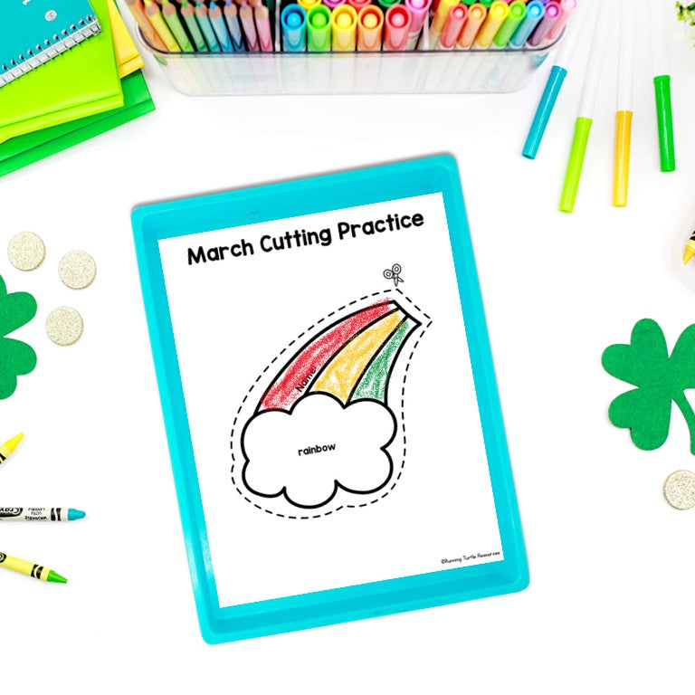 March Cutting Practice, Shamrock Cut Out, Rainbow Outline, St. Patricks Prek