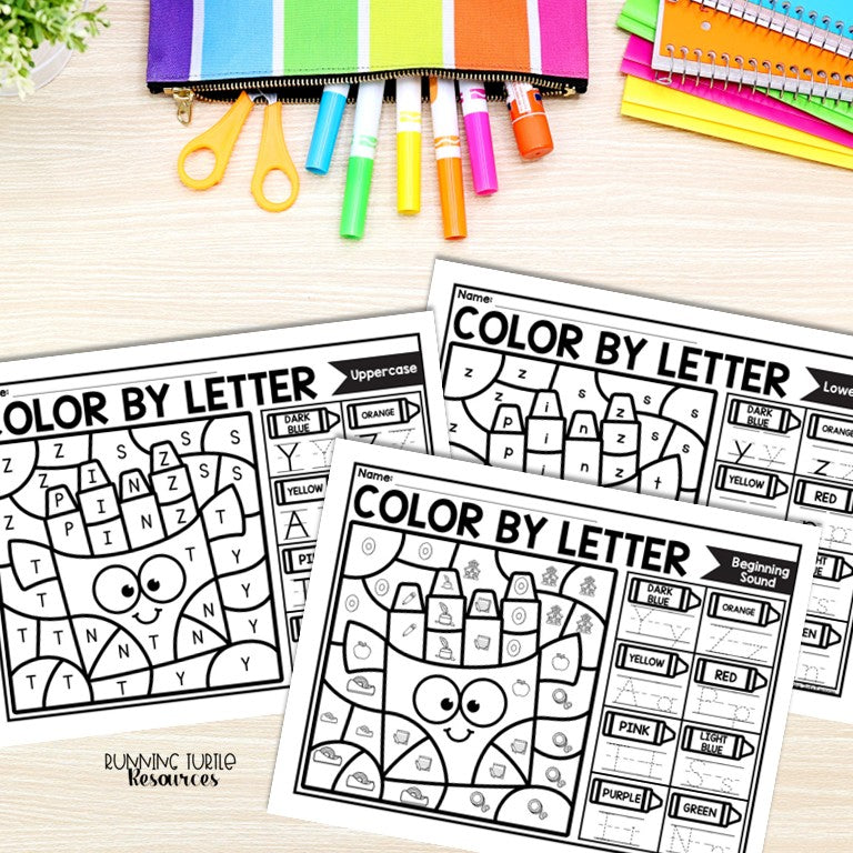 Back to School Color by Letter and Beginning Sound Pages