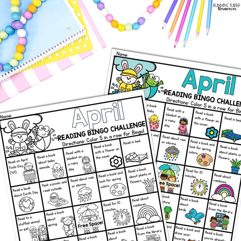April Reading Log and Spring Bookmarks, Spring Break Reading Challenge Bingo Board