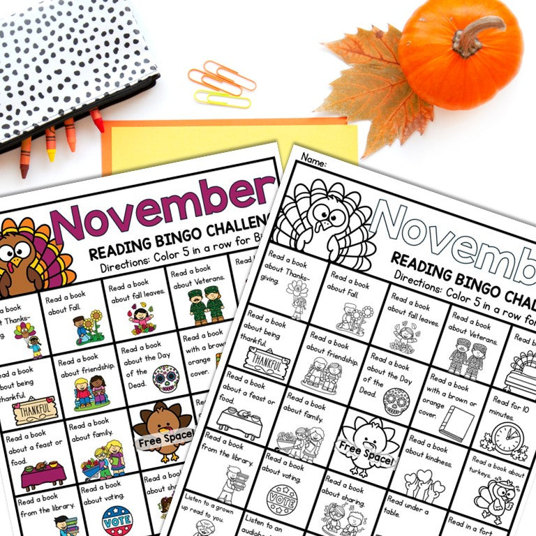 November Reading Bingo Challenge and Thankful Bookmarks