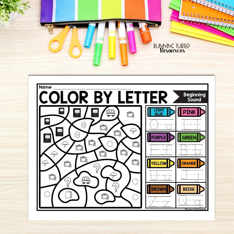 Back to School Color by Letter and Beginning Sound Pages