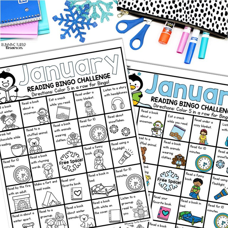 January Reading Log and Bookmark, Winter Bingo Reading Challenge