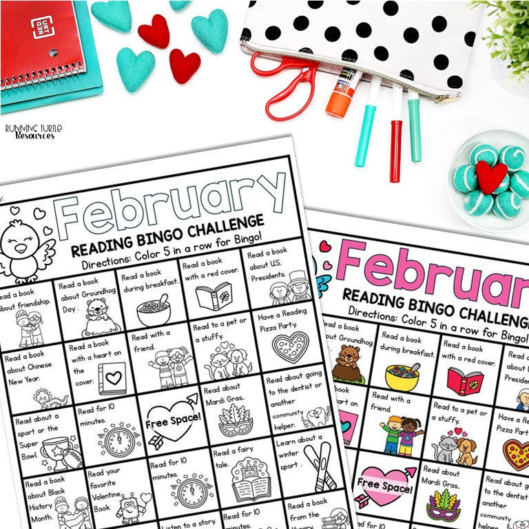 February Reading Bingo Challenge, February Reading Log and Bookmarks