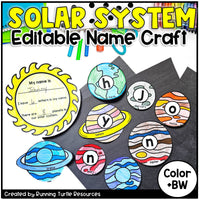 Solar system-themed name craft with colorful planets and editable text on a black background.