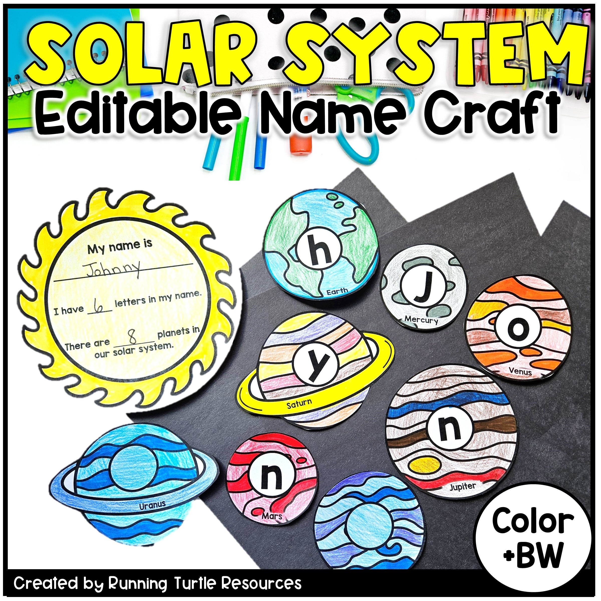 Solar system-themed name craft with colorful planets and editable text on a black background.