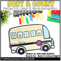 Educational digital product for letter and name recognition with a bus and name 'Bella' on a white background.