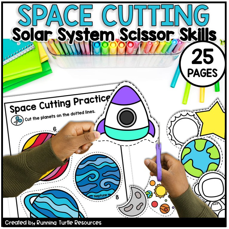 Educational activity set for children with space-themed cutting practice, scissors, and colored paper.